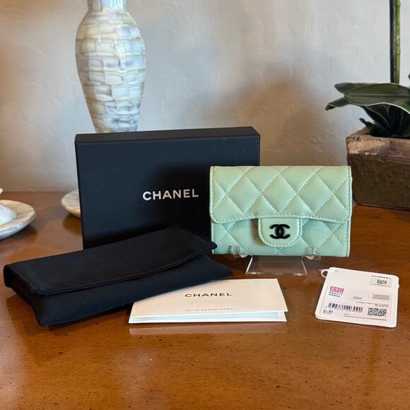 CHANEL Handbags - CHANEL Light Green Classic Flap Card Holder Black HW NWT